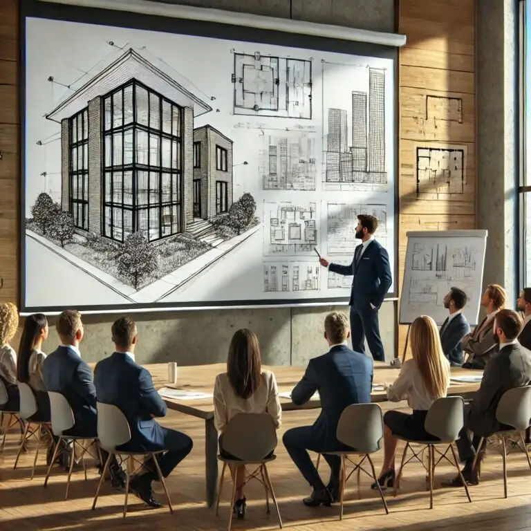 Architectural presentation with a designer presenting building plans and sketches to a group of professionals in a meeting.