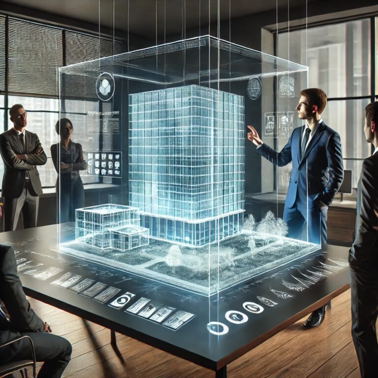 Architect presenting a 3D holographic model of a building to a group of professionals during an architectural presentation.