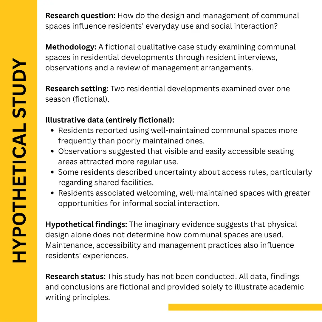 Summary of a fictional research study examining how communal space design and management relate to residents’ everyday use and social interaction.