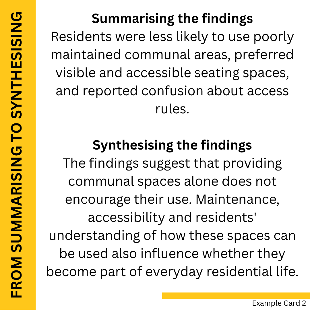 Comparison of summarising and synthesising research findings, using a fictional study of communal spaces to demonstrate effective conclusion writing.