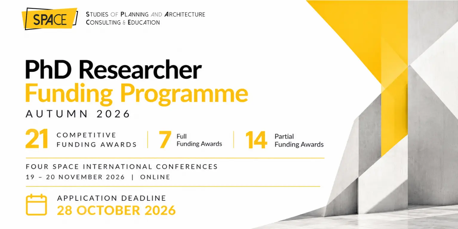 SPACE Studies PhD Researcher Funding Programme offering seven full and fourteen partial funding awards for Autumn 2026 international conferences.