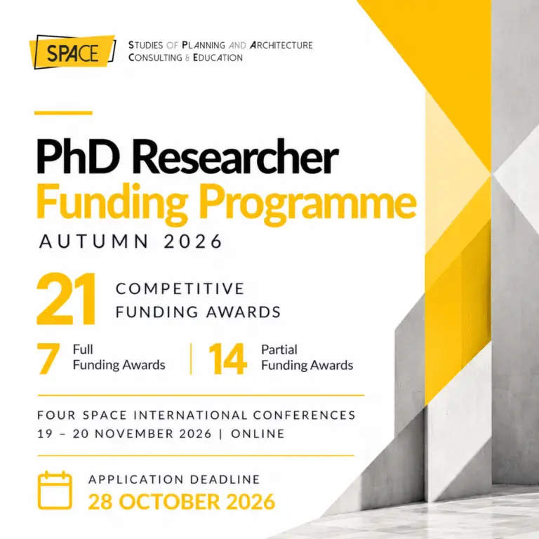SPACE Studies PhD Researcher Funding Programme offering seven full and fourteen partial funding awards for Autumn 2026 international conferences.